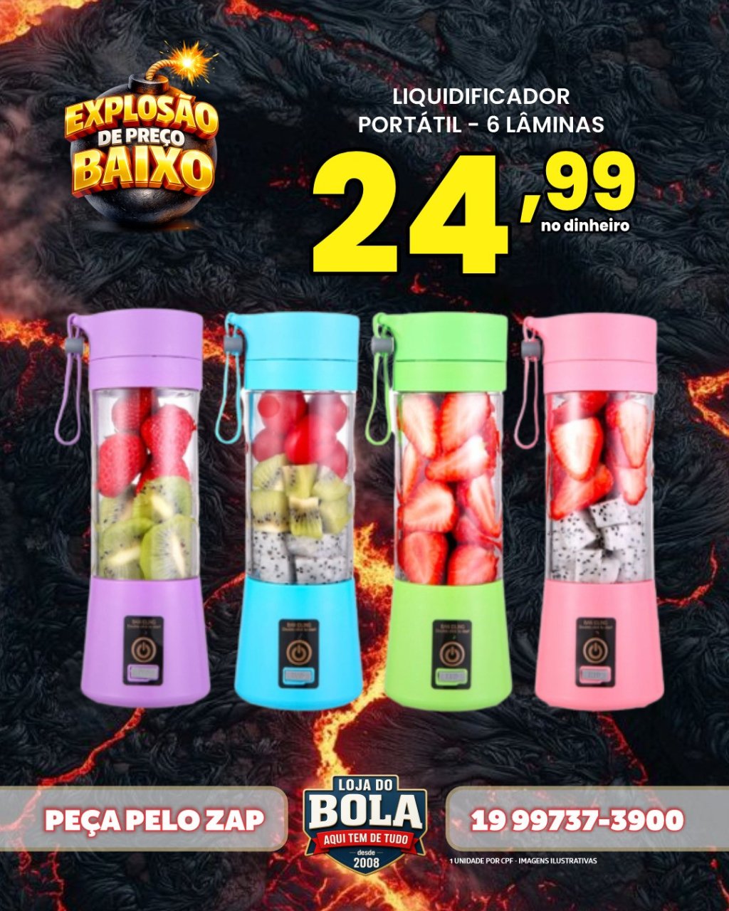 LIQUIDIFICADOR ELÉTRICO  - 06 LÂMINAS - BATERIA RECARREGÁVEL