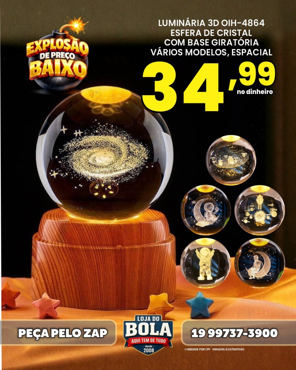 LUMINÁRIA BOLA DE CRISTAL COM BASE GIRATÓRIA