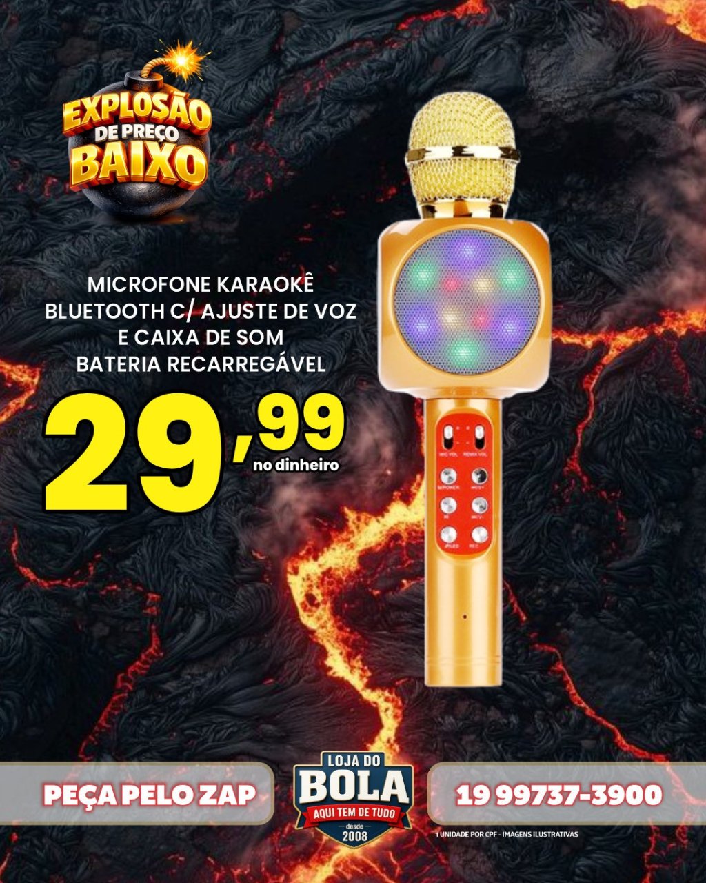 MICROFONE KARAOKÊ BLUETOOTH C/ AJUSTE DE VOZ E CAIXA DE SOM BATERIA RECARREGÁVEL
