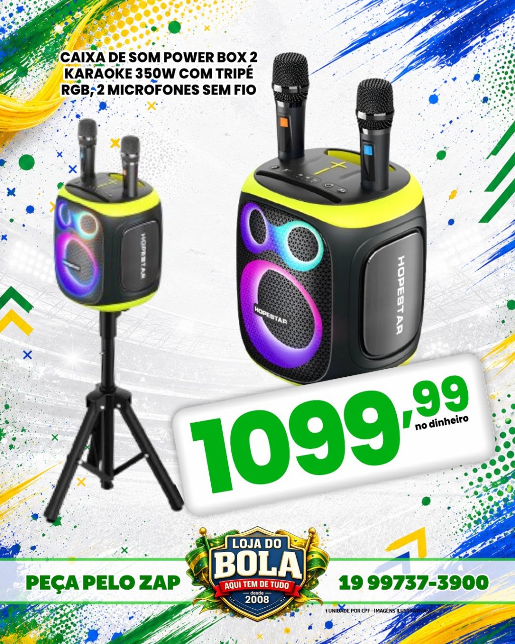 CAIXA DE SOM POWER BOX 2 350W C/ TRIPÉ RGB + 2 MICROFONE SEM FIO