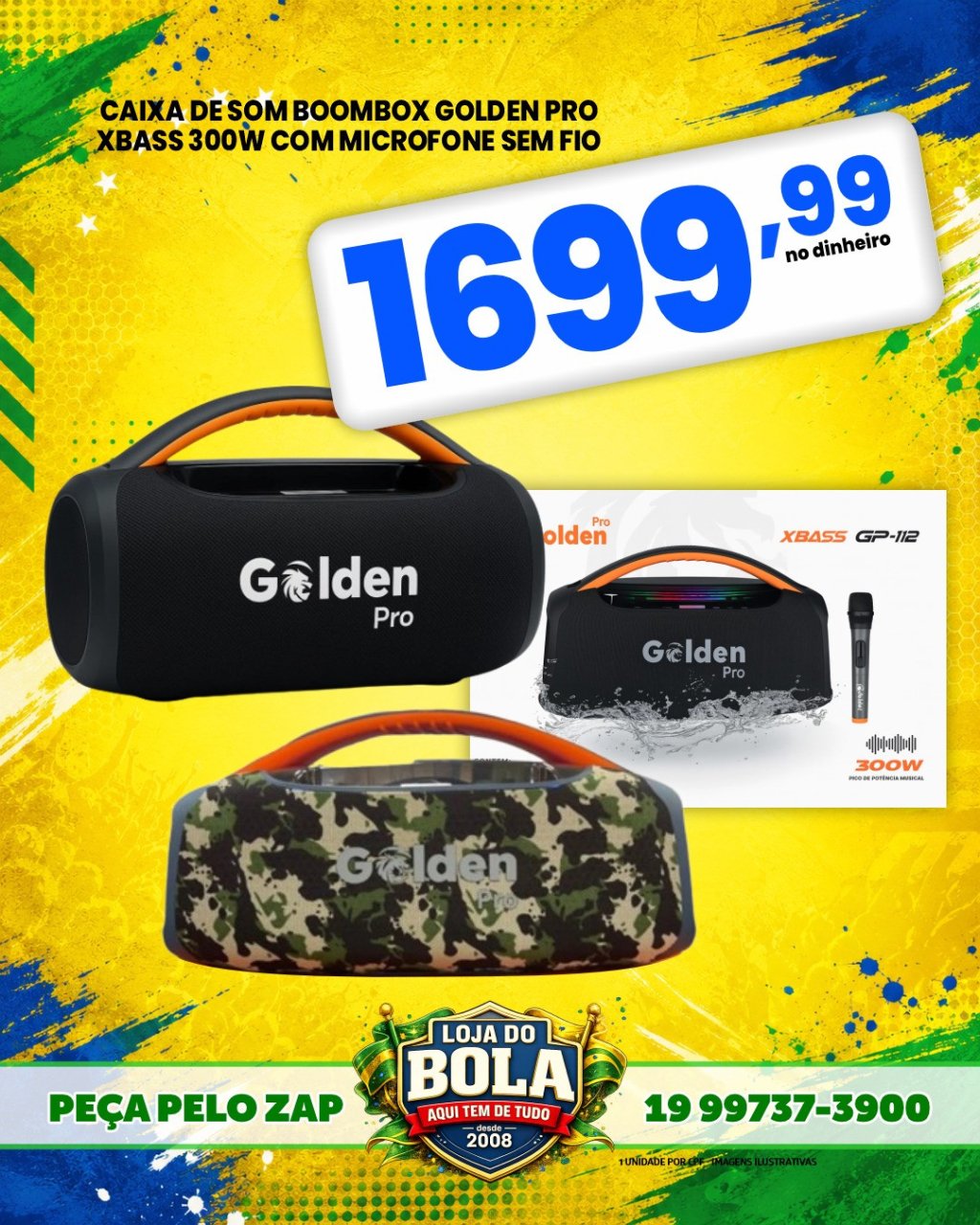 CAIXA DE SOM BOOMBOX GOLDEN PRO XBASS 300W C/ MICROFONE SEM FIO 