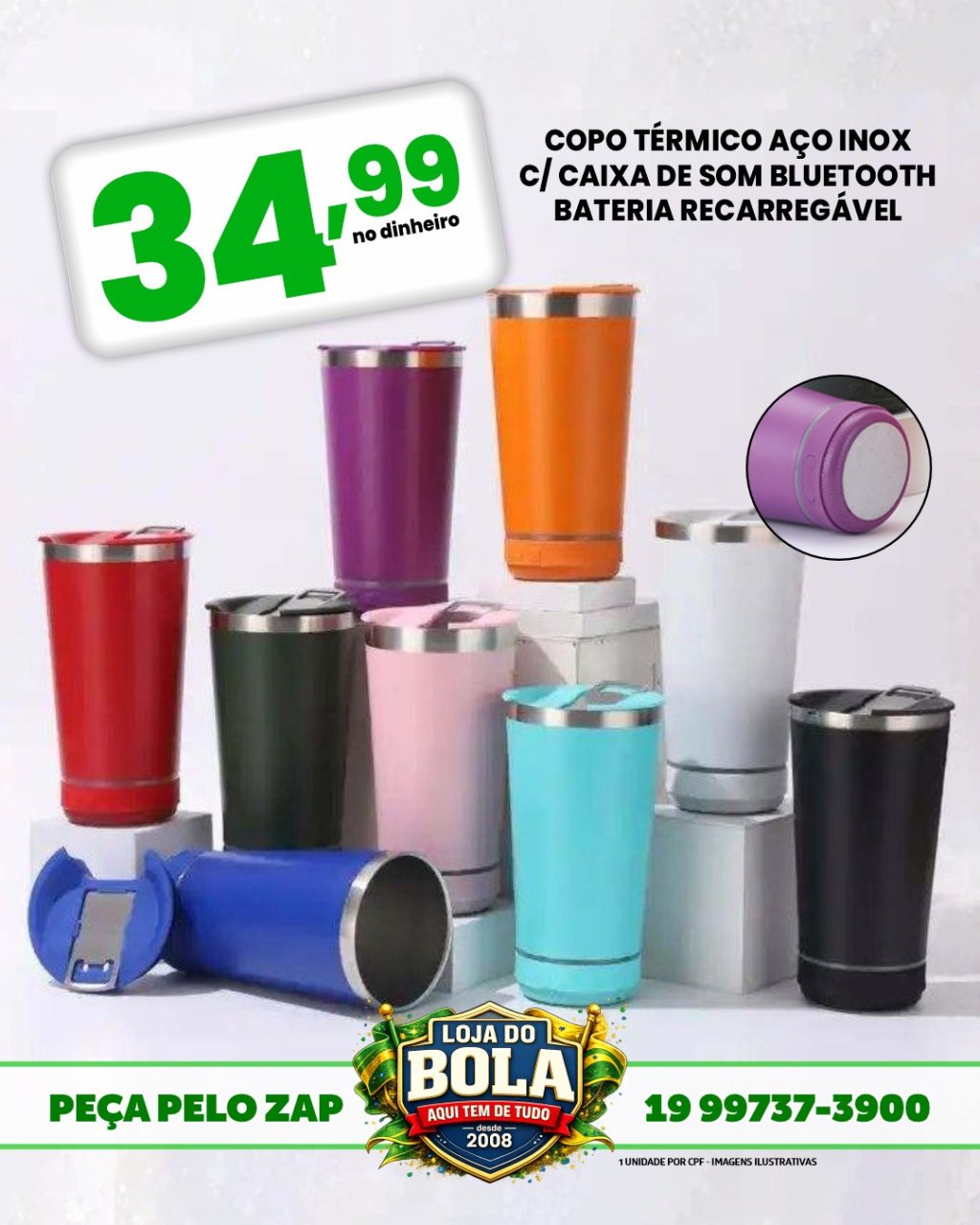 COPO TÉRMICO AÇO INOX COM CAIXA DE SOM BLUETOOTH BATERIA RECARREGÁVEL