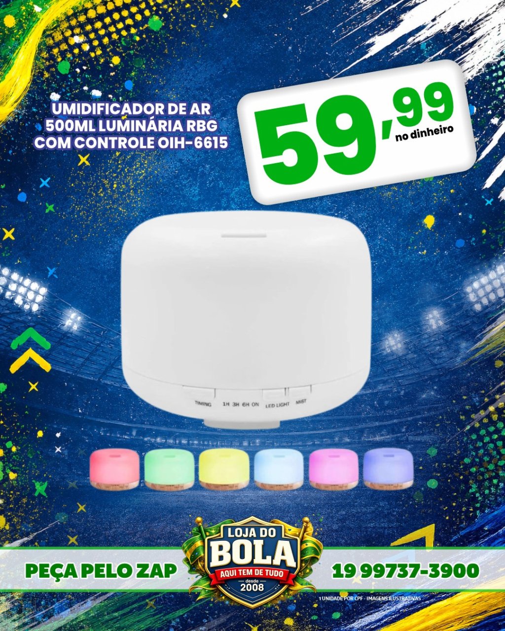 UMIDIFICADOR DE AR 500ML LUMINÁRIA