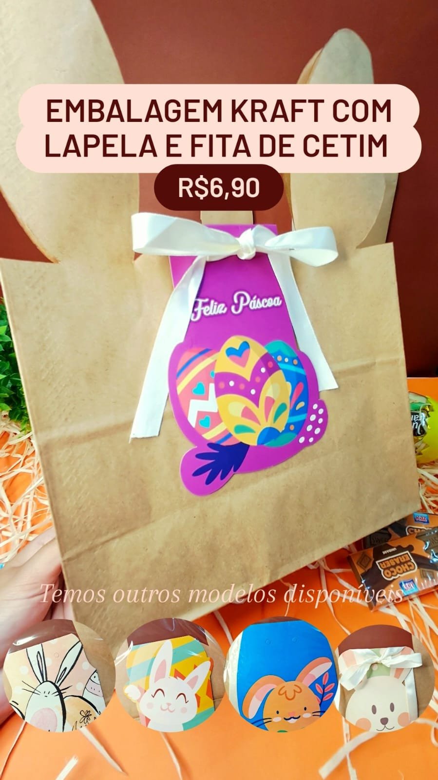 Embalagem Kraft com Lapela e fita de cetim