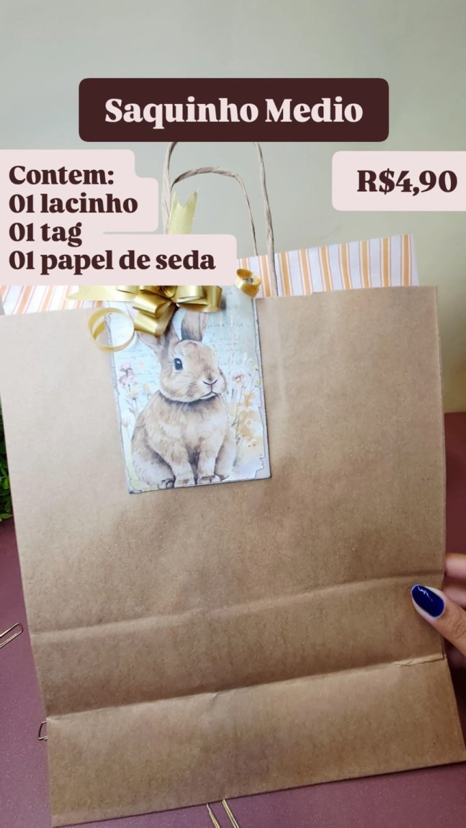 Saquinho Kraft + Seda + Laço + Tag Páscoa