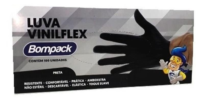 LUVA VINILFLEX BOMPACK S/PO PRETA P C/100