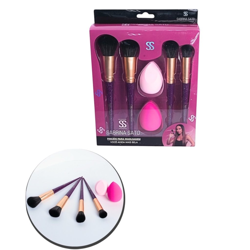 Kit 4 Pinceis e 2 Esponjas Maquiagem Roxo Sabrina Sato
