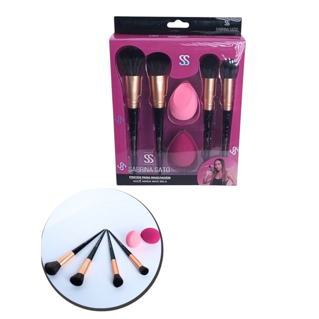 SP112 Kit 4 Pinceis e 2 Esponjas Maquiagem Preto Sabrina Sato