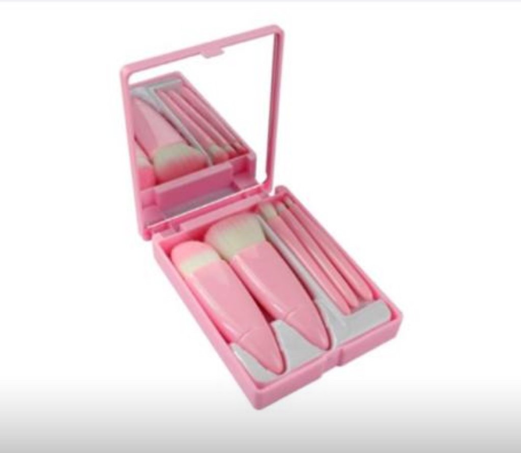 QBM806 Kit 5 Pincéis c/ Estojo e Espelho Rosa QBela Manuela