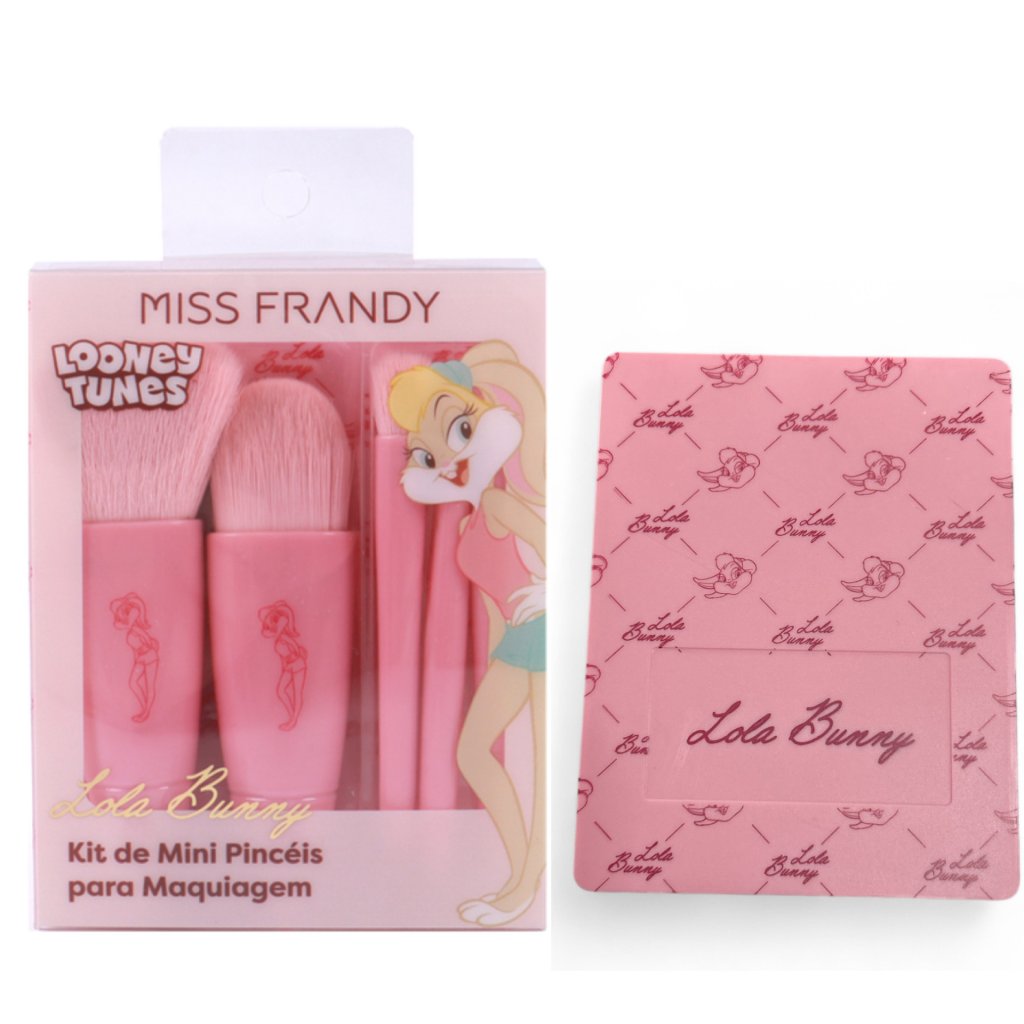 Kit Mini Pincéis Maquiagem c/ Estojo e Espelho Lola Bunny Miss Frandy 