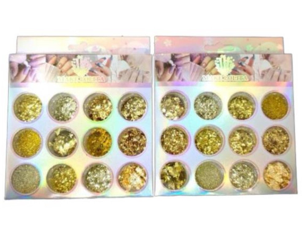 Kit 12 Glitter/Folha de Ouro Dourados p/Unhas ML1523