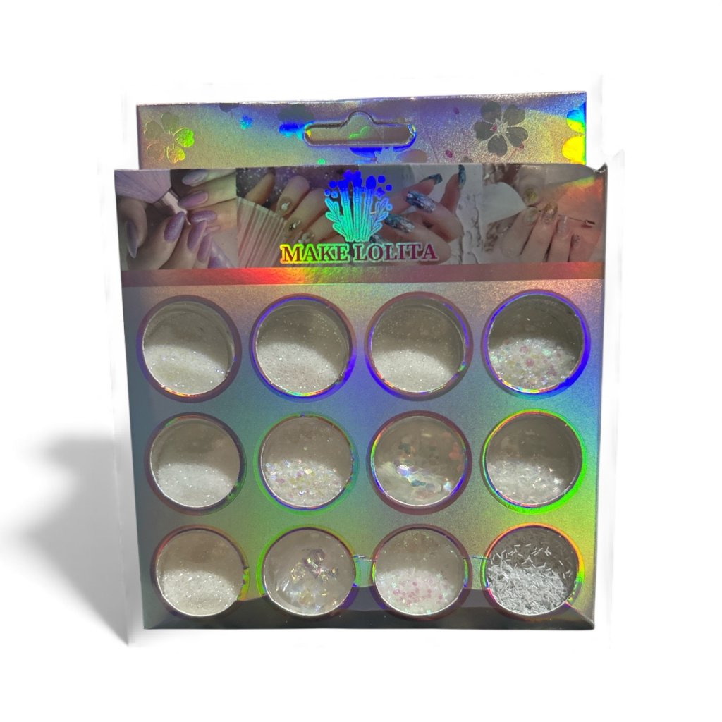 Kit 12 Glitter e Enfeites de Unha Branco ML1519