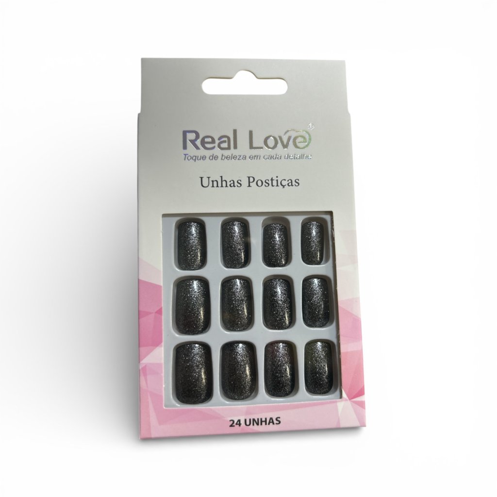 Unha Postiça Preta c/Brilho Real Love XUN315