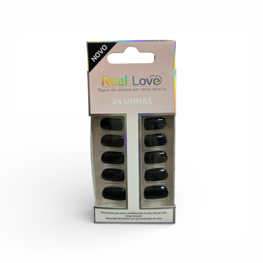 Unha Postiça Autocolante c/24 Quadrada Preta Real Love UN04