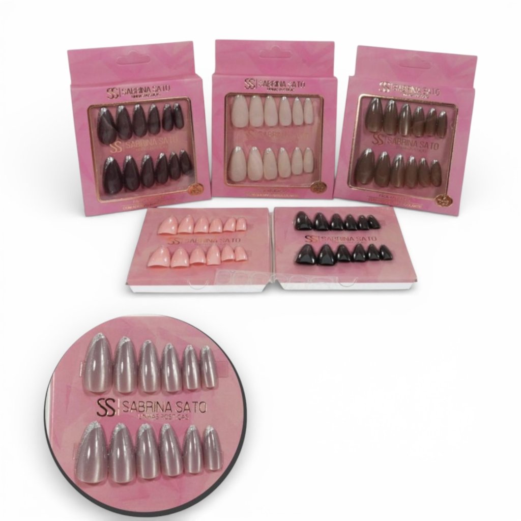 Unha Postiça Autocolante Almond Olho de Gato Ponta Glitter SP1487