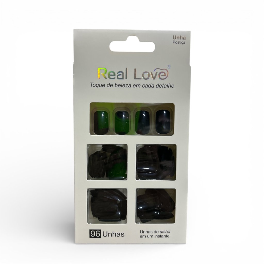 Kit 96 Unhas Postiças Quadrada Preta Real Love XUN041