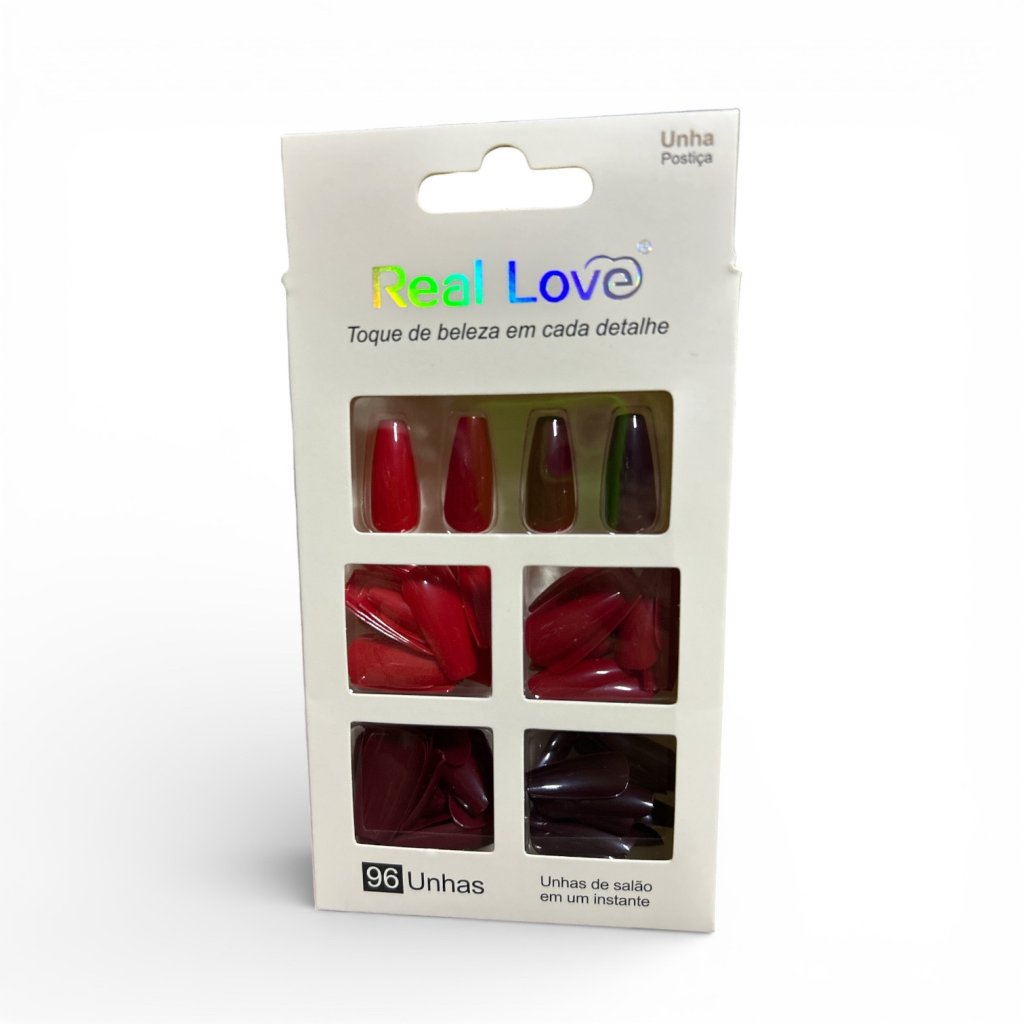 Kit 96 Unhas Postiças Bailarina Tons de Vermelho Real Love XUN049