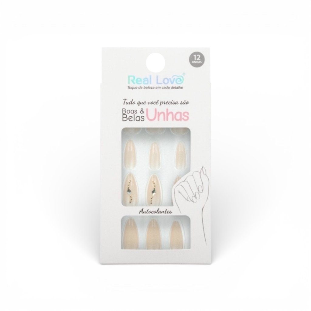 Unha Postiça Almond Olho de Gato com Enfeites Real Love XUN400