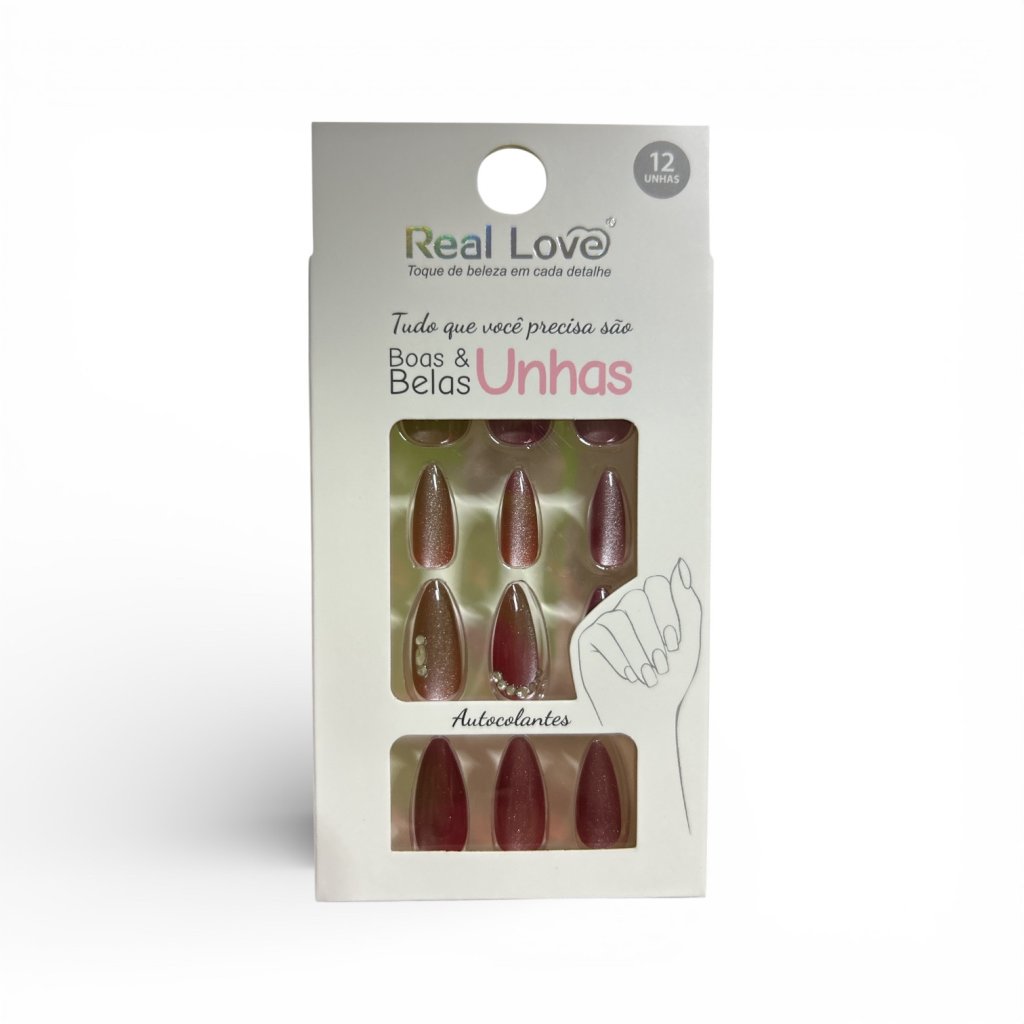 Unha Postiça Almond Olho de Gato com Enfeites Real Love XUN400