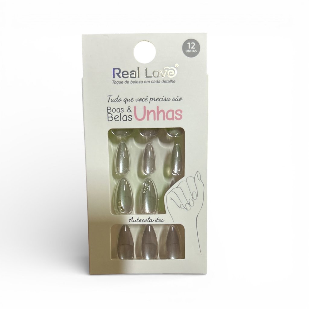 Unha Postiça Almond Olho de Gato com Enfeites Real Love XUN400