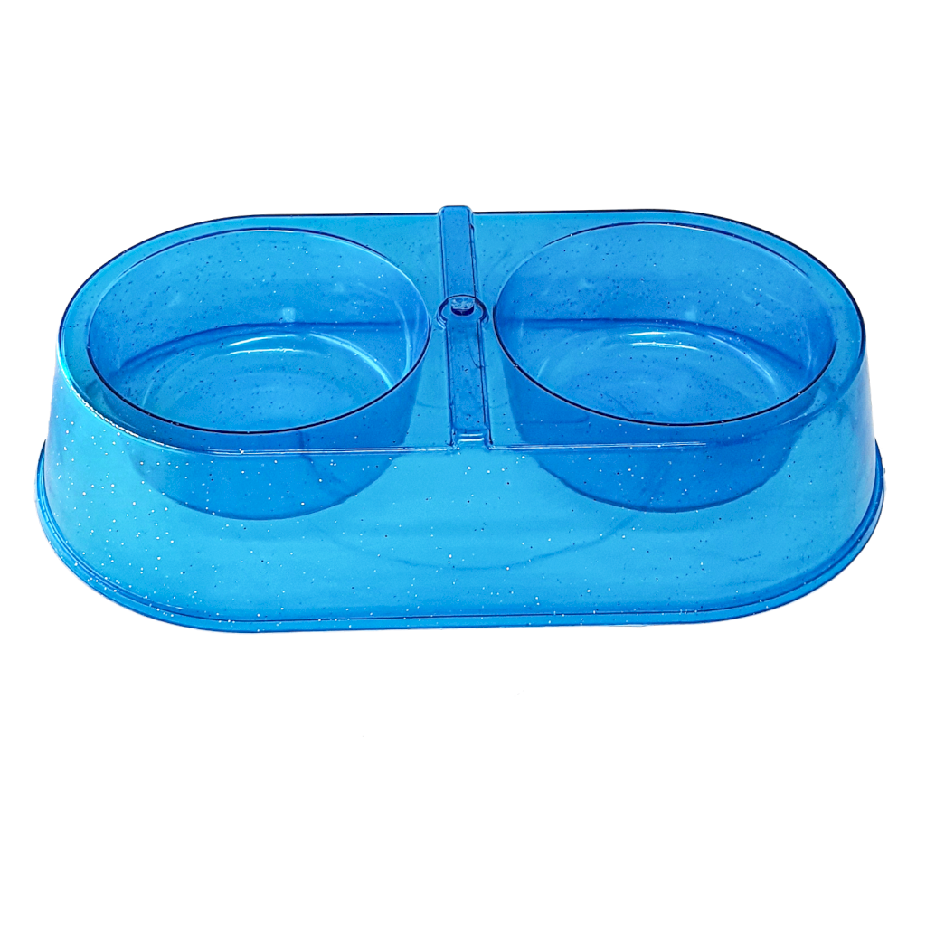 Comedouro Duplo 350ml Azul Transparente Glitter Pet Toys