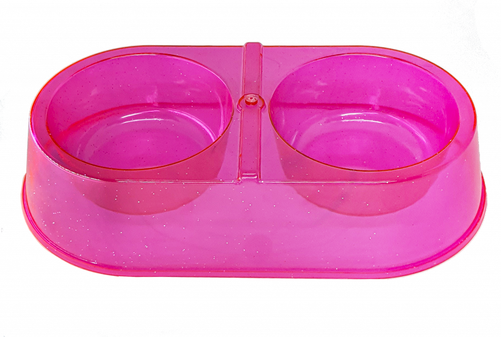 Comedouro Duplo 350ml Rosa Transparente Glitter Pet Toys