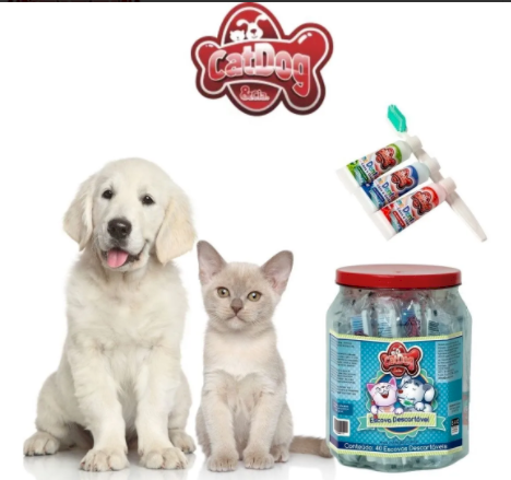 Pote 40 Escovas Dentais Pet + Mini Creme Dental 5g CatDog
