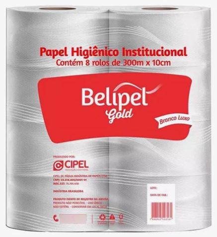 PAPEL HIGIÊNICO ROLÃO 100% BELIPEL GOLD C/8 - BELIPEL