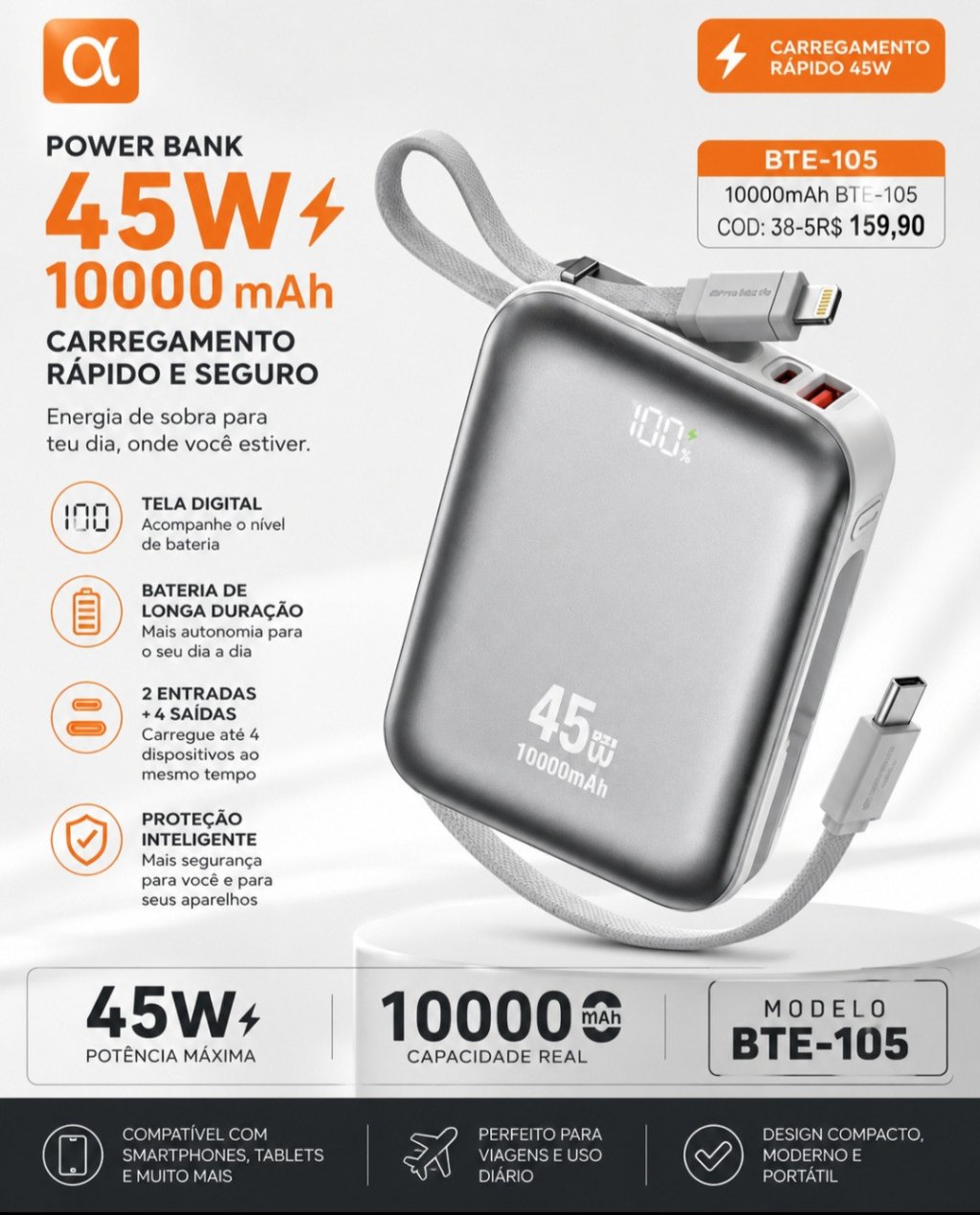 CARREGADOR PORTATIL 10000MAH REF: BTE-105 REF: 8004
