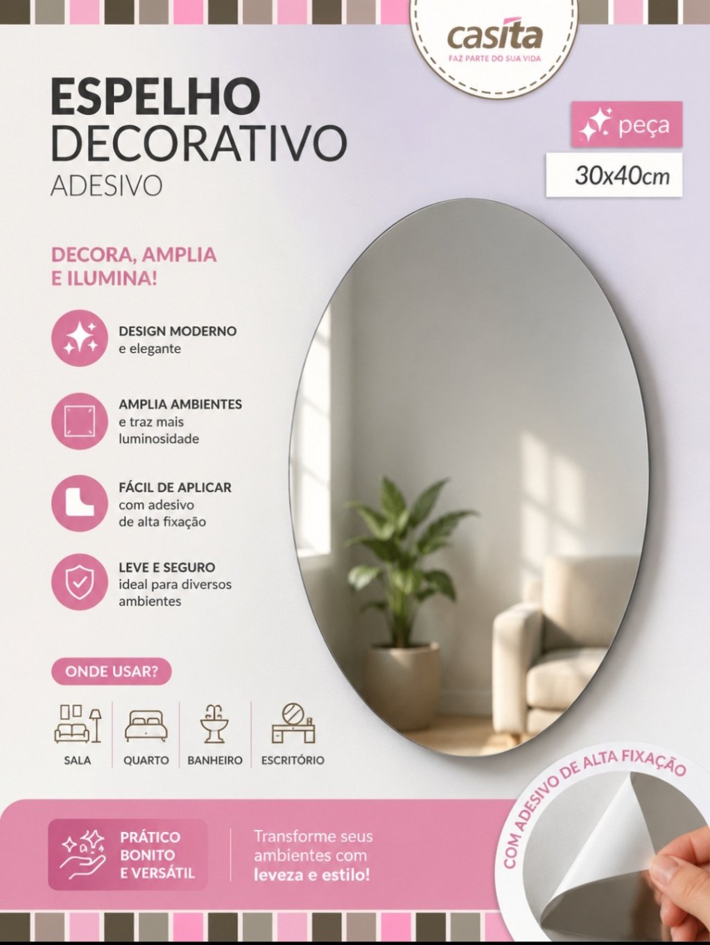 ESPELHO ADESIVO DECORATIVO ACRILICO 30X40CM REF: CA20107