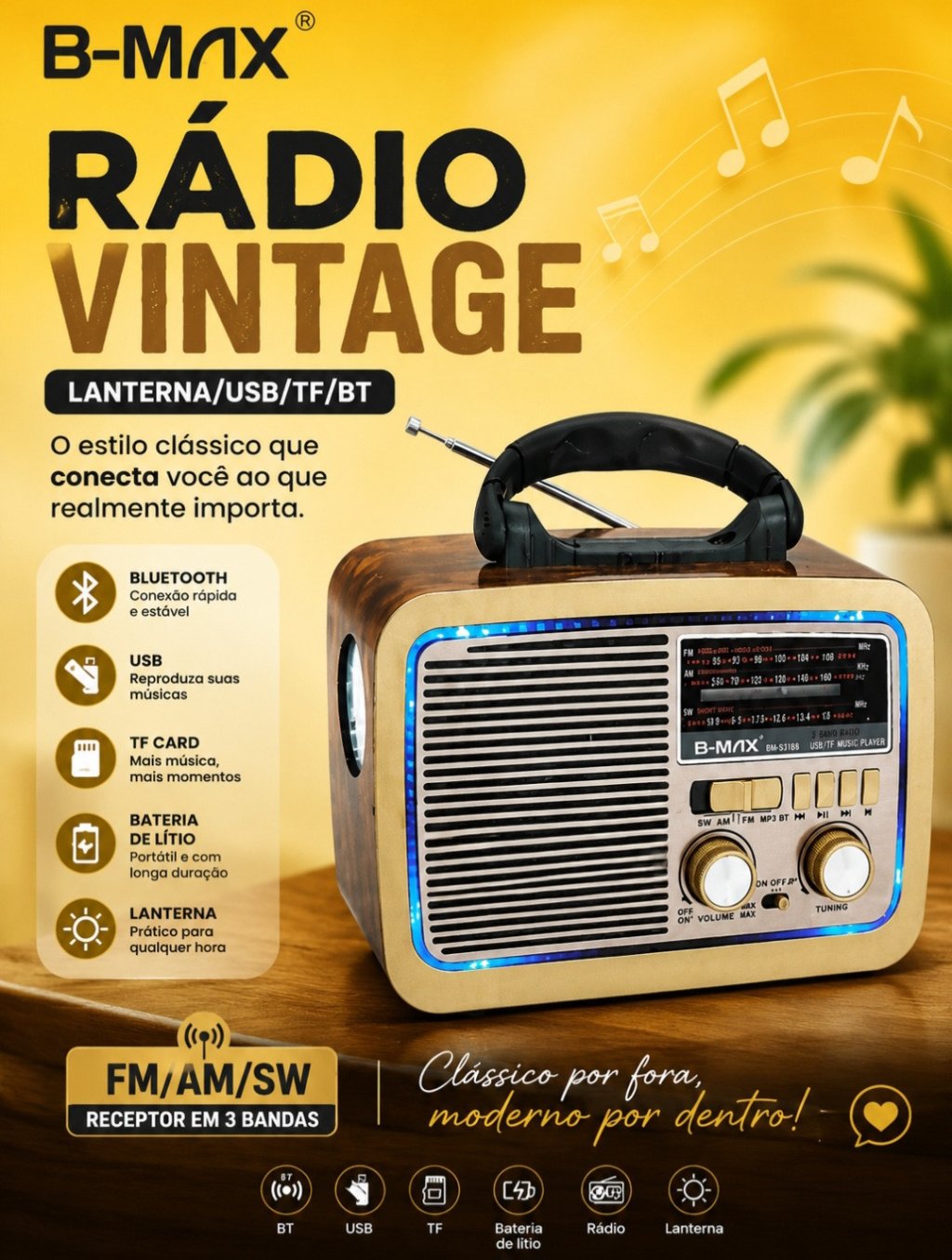 RADIO VINTAGE LANTERNA USB/TF/BT/FM REF: BM-S3188