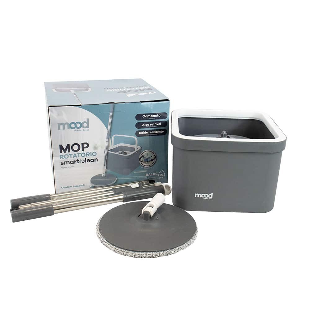 Conjunto mop rotatório quadrado smart clean (balde 10L c/cesto plastico e 1 refil) cinza/branco - Mood