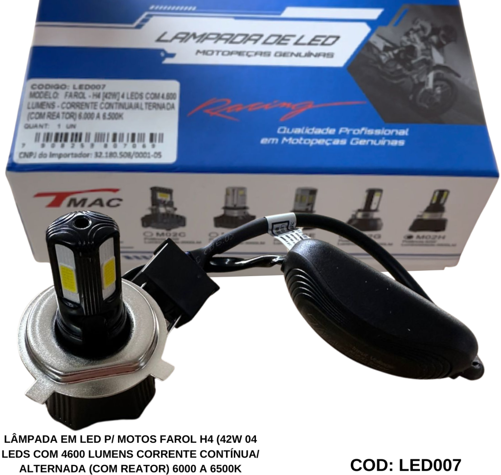 LÂMPADA EM LED P/ MOTOS FAROL H4 (42W 04 LEDS COM 4600 LUMENS CORRENTE CONTÍNUA/ ALTERNADA (COM REATOR) 6000 A 6500K