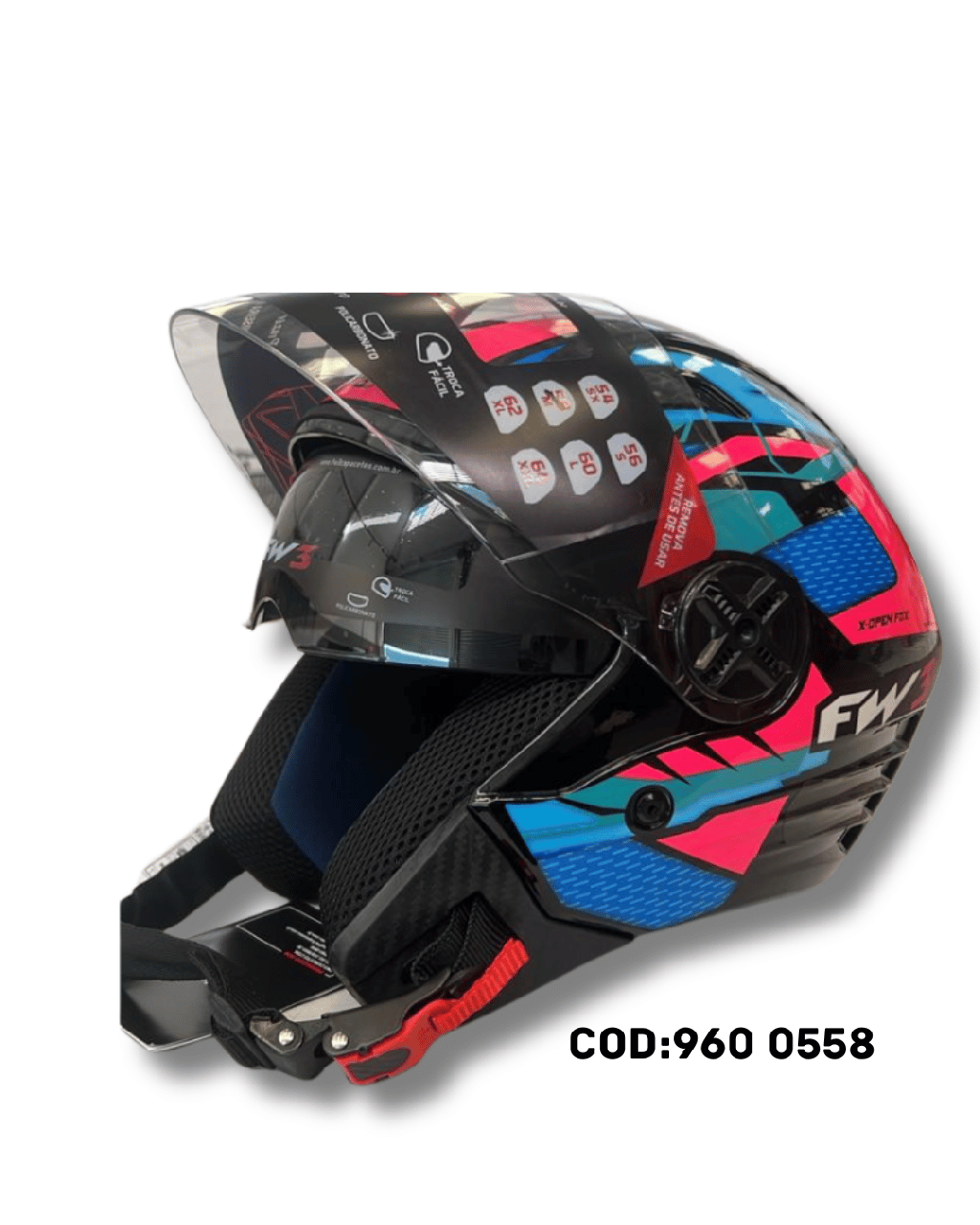 CAPACETE ABERTO FW3 UP FOX LARANJA/ AZUL/ AMARELO 58'