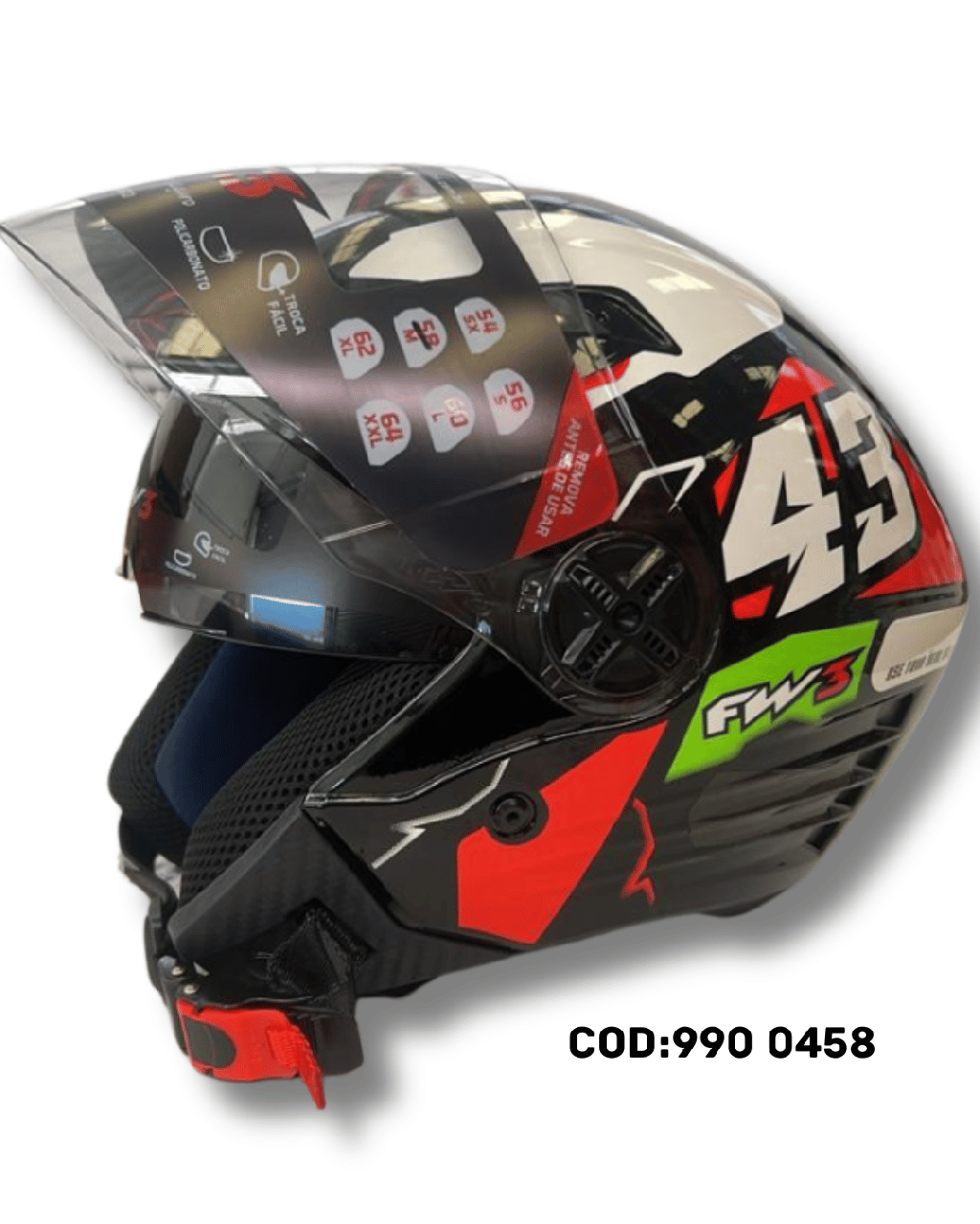 CAPACETE ABERTO FW3 UP43 VERMELHO/ VERDE