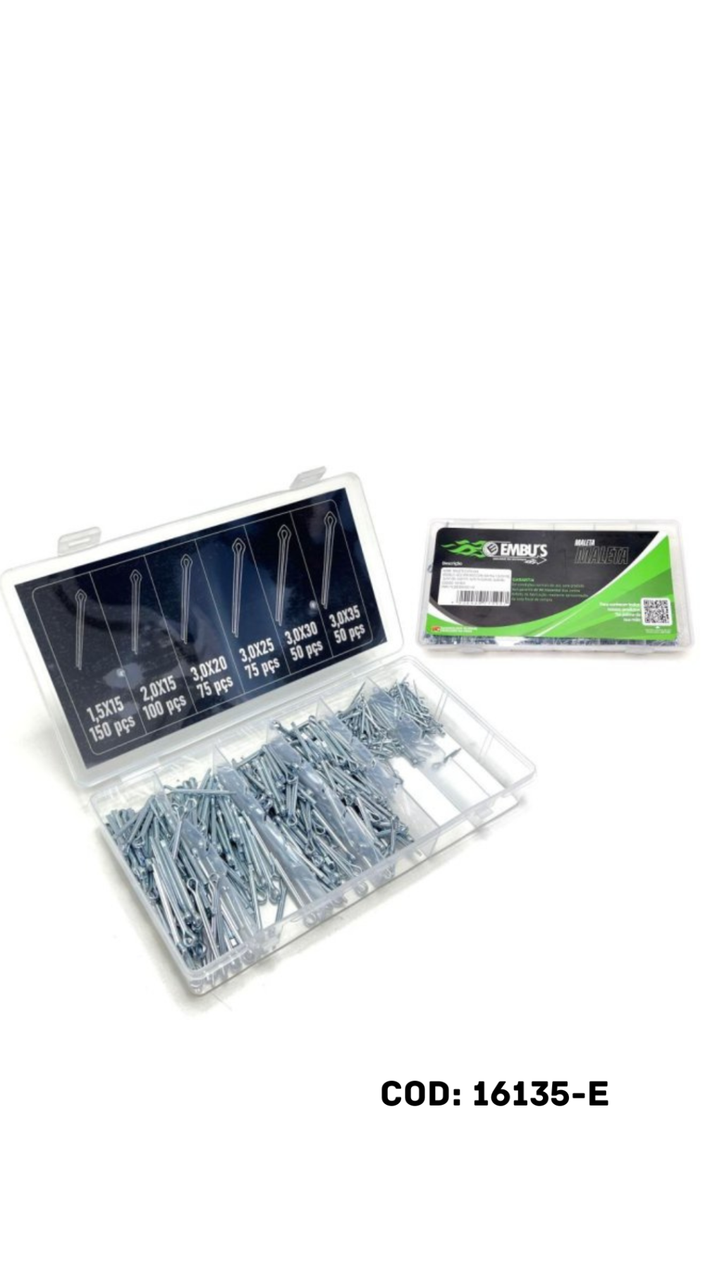 MALETA CUPILHAS ACO ZINCADO (500-PECAS: 1,5X15=150 , 2X15=100, 3X20=75, 3X25=75, 3X30=50, 3X35=50) EMBUS