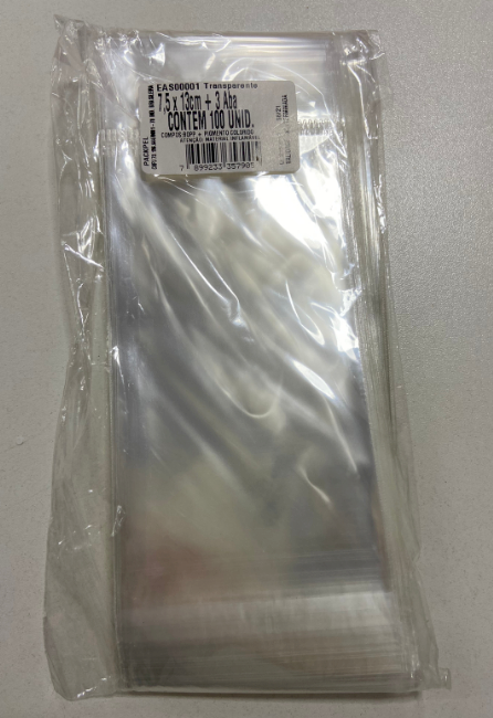 2055 - SACO ADESIVADO TRANSPARENTE C/FURO 7,5x13+3 ABA PT C/100un - CROMUS