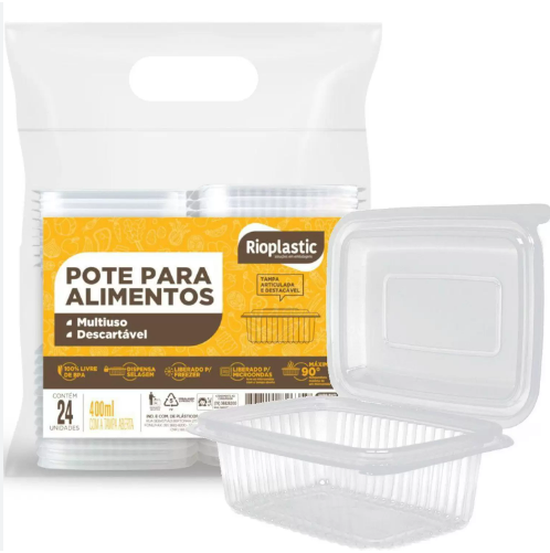 1141 - POTE RETANGULAR C/ TAMPA  ARTICULADA 400ml  C/ 24un  - RIOPLASTIC