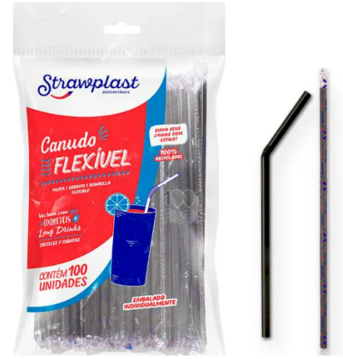 3561 - CANUDO FLEXIVEL SACHE PRETO 6mm C/100un PP CS-313 - STRAWPLAST