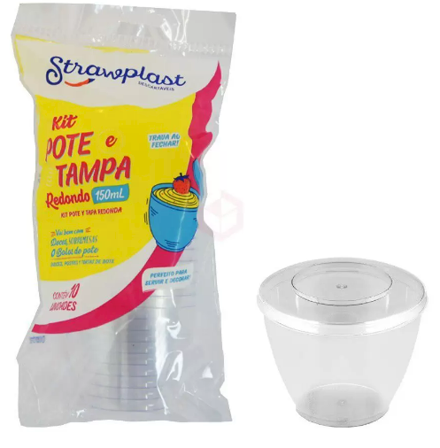 2208 - KIT POTE/TAMPA  REDONDO 150ml CRISTAL 10un - STRAWPLAST