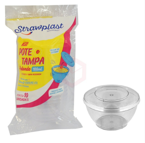 2207 - KIT POTE/TAMPA REDONDO 100ml CRISTAL 10un - STRAWPLAST