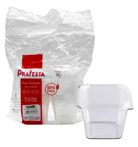 1095 - POTE QUADRADO C/ TAMPA 250ml C/20un - PRAFESTA