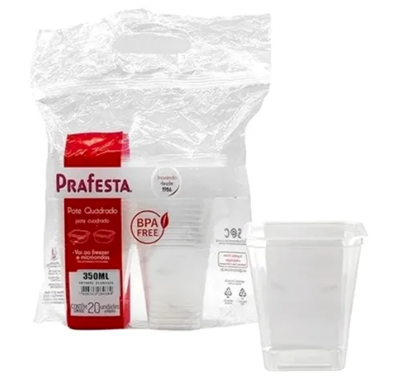 1453 - POTE QUADRADO C/ TAMPA 350ml C/20un - PRAFESTA