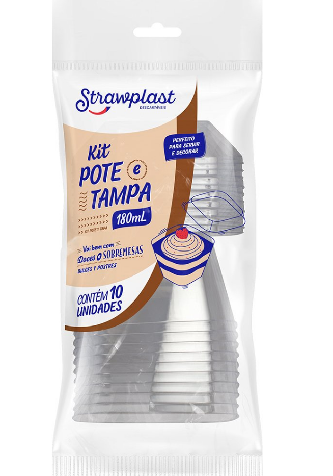 2206 - KIT POTE C/ TAMPA CRISTAL QUADRADO 180ml C/ 10un - STRAWPLAST