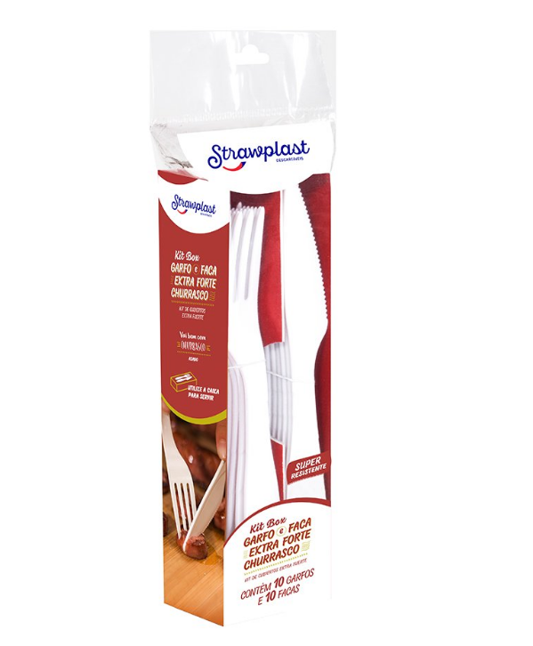 5267 - KIT BOX GARFO FACA EXTRA FORTE CHURRASCO BRANCO C/10cj - STRAWPLAST