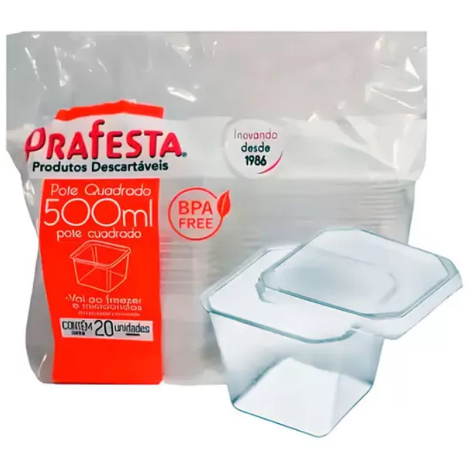 5600 - POTE QUADRADO C/ TAMPA 500ml C/20un - PRAFESTA