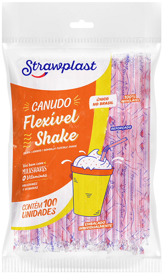 400 - CANUDO FLEXIVEL SHAKE SACHE VERMELHO 8mm C/100un PP CS-325 - STRAWPLAST