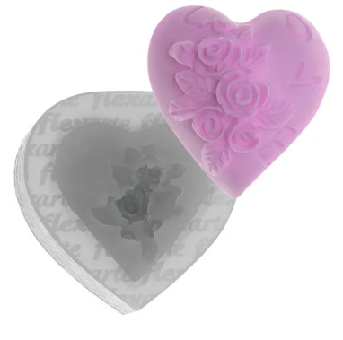 17614 - MOLDE SILICONE CORACAO LOVE C/ FLORES - FLEXARTE