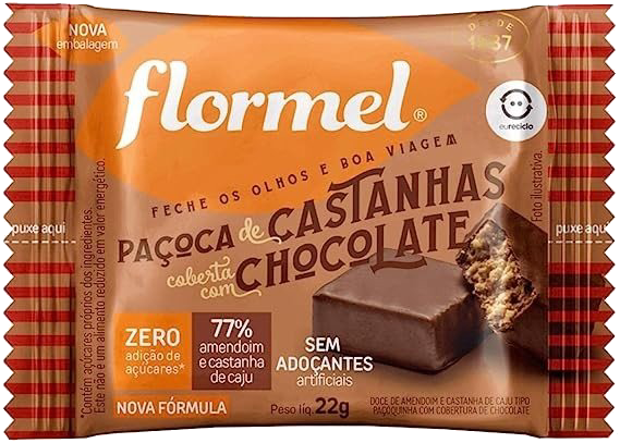 PAÇOCA DE CASTANHAS COBERTA CHOCOLATE ZERO - FLOMEL