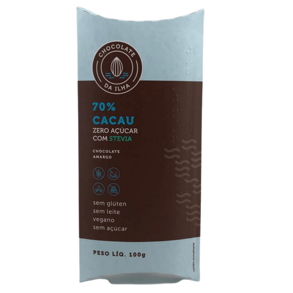 BARRA DE CHOCOLATE 70% CACAU COM STÉVIA 100G - CHOCOLATES DA ILHA